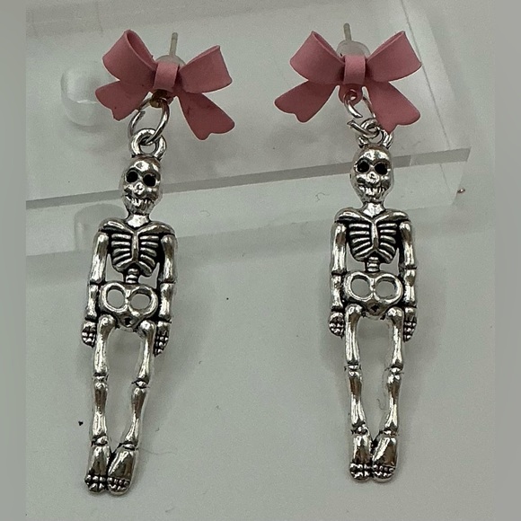 Handmade Jewelry - SILVER TONE GIRLY SKELETON DANGLE PINK BOW EARRINGS HANDMADE PASTEL GOTH PUNK